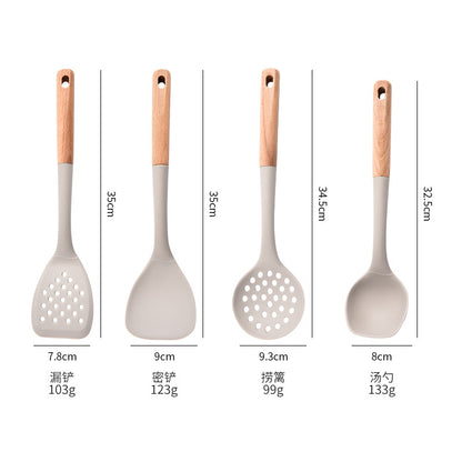 Silicone Kitchenware Set Of 7 With Storage Barrel Wooden Handle Stir-frying Shovel Spandrel Fence Colander Kitchen Kitchenware Suit